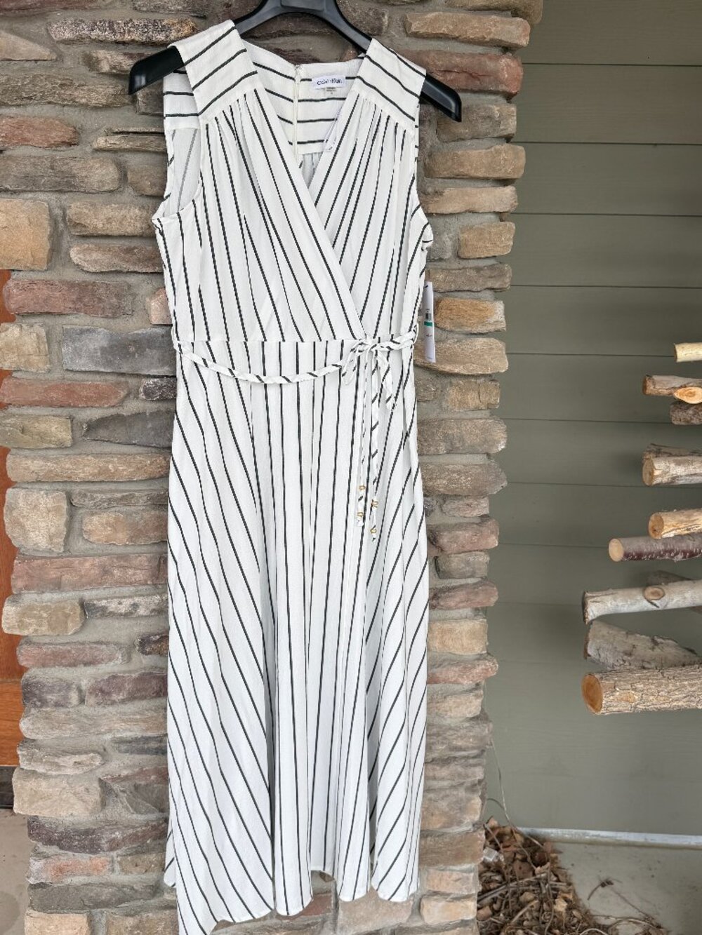 Calvin Klein Women's Gauze Sleeveless Wrap Dress Tie Waist Sz 16 White Black NWT